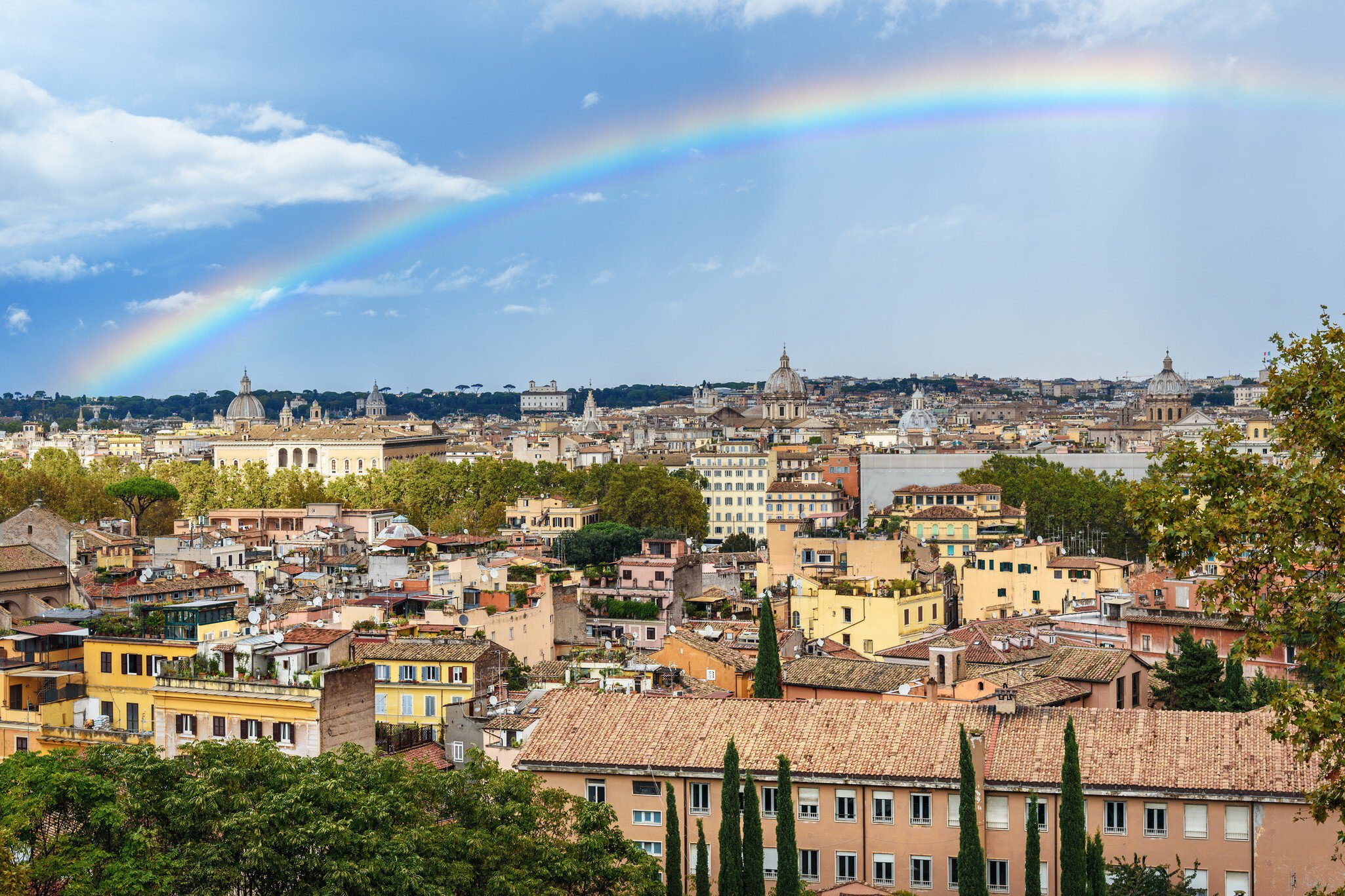 Rainbow over the rooftops of Rome, as seen from Janiculum hill, Terrazza del Gianicolo