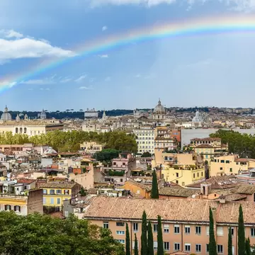 Rainbow over the rooftops of Rome, as seen from Janiculum hill, Terrazza del Gianicolo