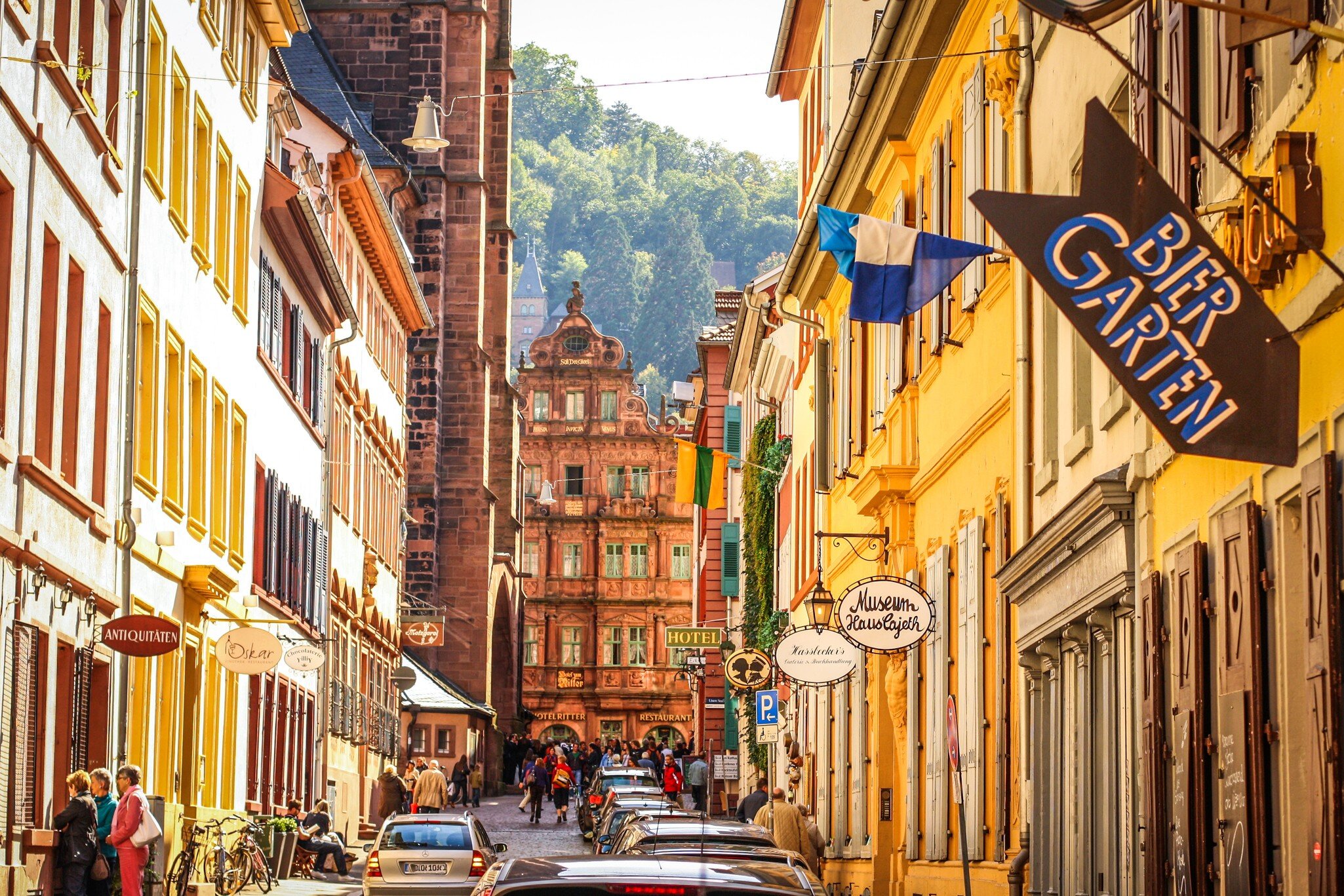 Street view of Haspelgasse with Hotel Ritter in Heidelberg, Germany.