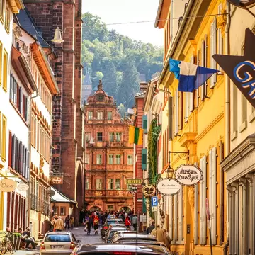 Street view of Haspelgasse with Hotel Ritter in Heidelberg, Germany.
