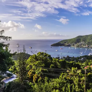 Boats in a blue bay off a greenery-covered island.