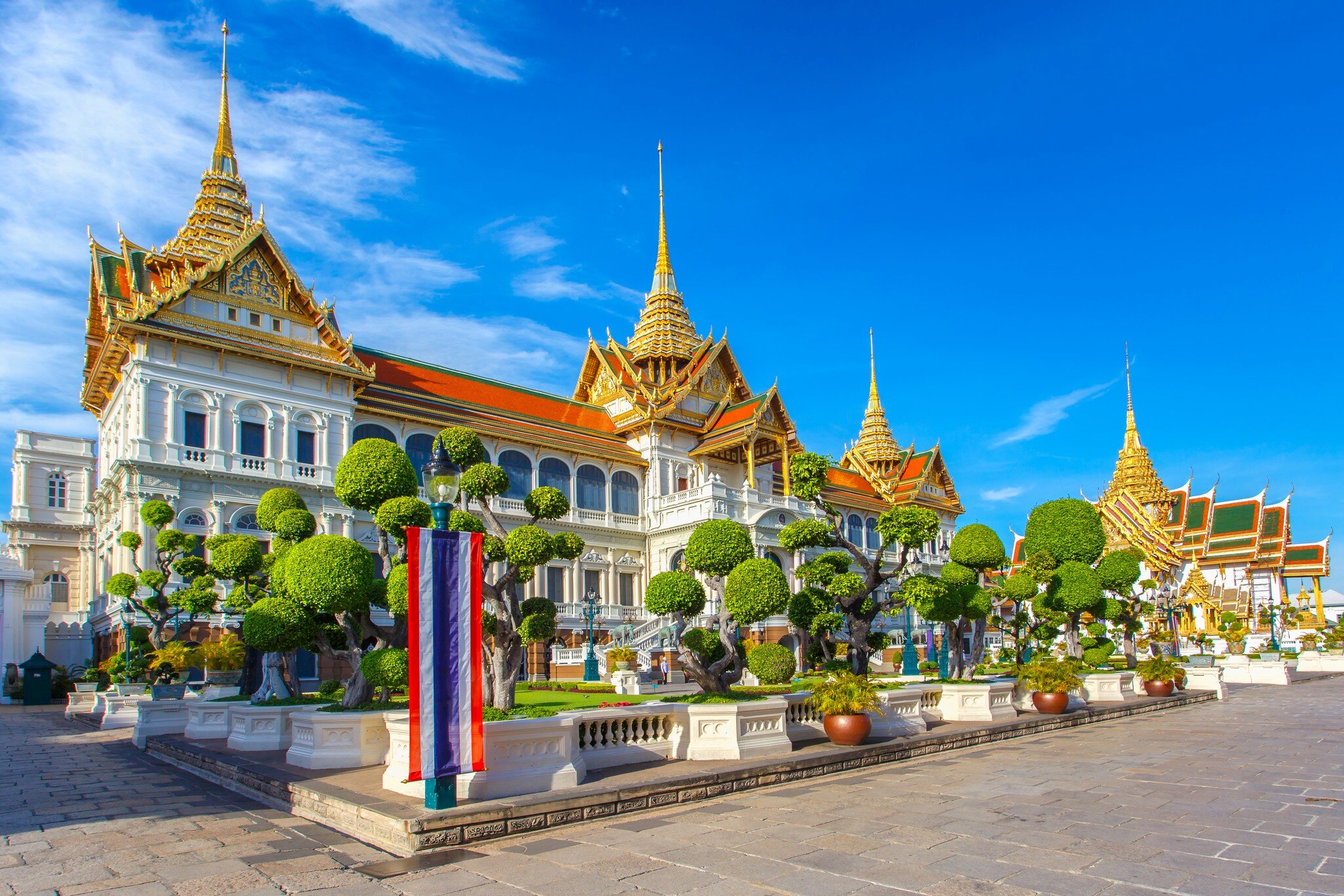 The Grand Palace and Wat Phra Kaew beneath a blue sky in Bangkok, Thailand