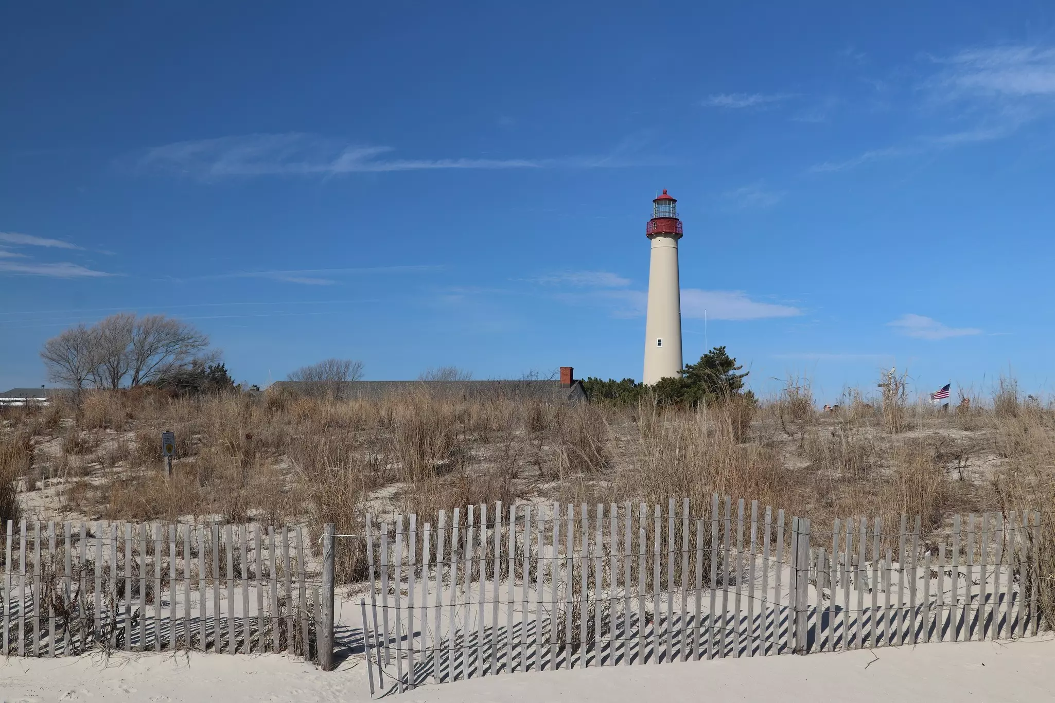 View of Cape May Lighthouse across the dunes. 