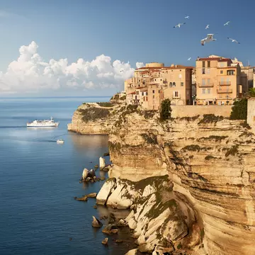 Overview of clifftop citadel on Mediterranean Sea.