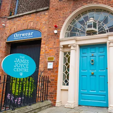 James Joyce Centre at 35 N Great George's Street in Rotunda district, Dublin, Ireland.  Blue signage and door facade.
