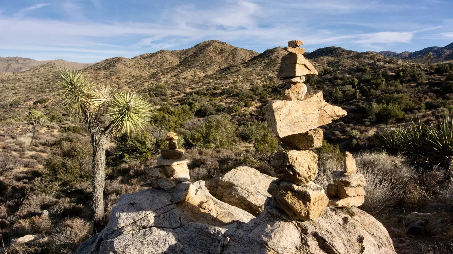 Close-up of rock cairns created by visitors in Joshua Tree National Park