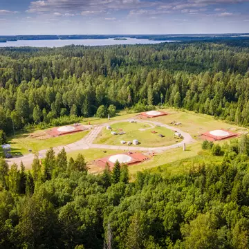 Aerial Cold War museum made in Plosktynes abandoned missile base near Plateliai lake. By drone. Build by Soviet union.; Shutterstock ID 1835836150;