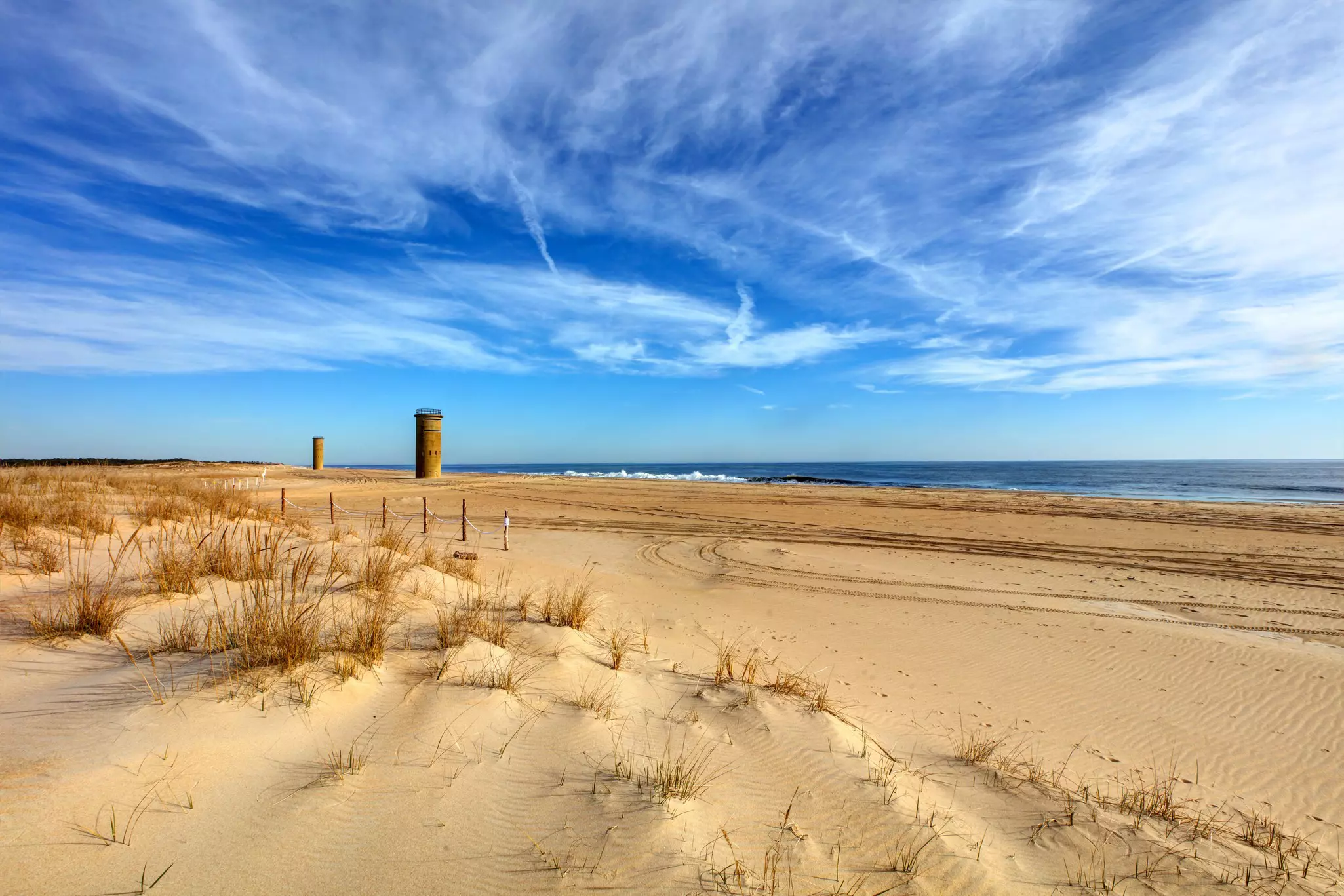 Beaches and old military structures at Cape Henlopen, Delaware.