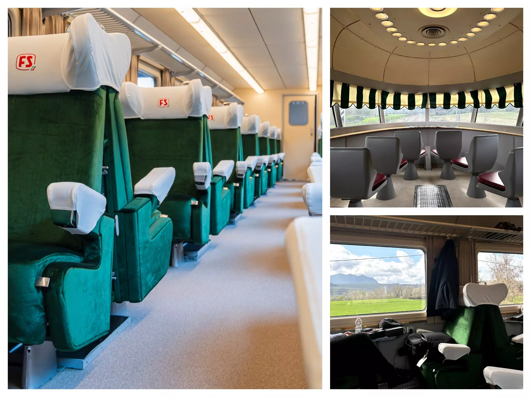 Left: The bright green seats in our Arlecchino cabin looked classically Italian © Sina Hotels; Top right: Wes Anderson would love this train's viewing cabins; Bottom right: Views! Views everywhere! © Ann Douglas Lott