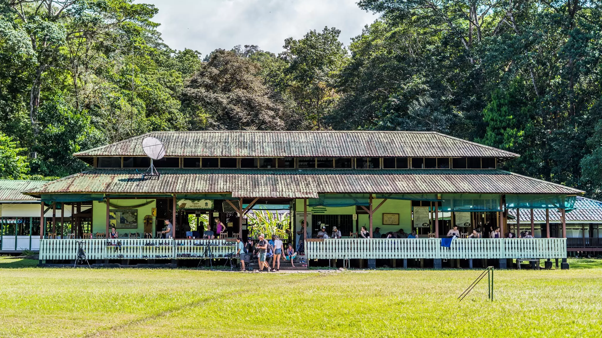 Sirena Ranger Station is full of tourists on a sunny day in the Corcovado National Park, Costa Rica.