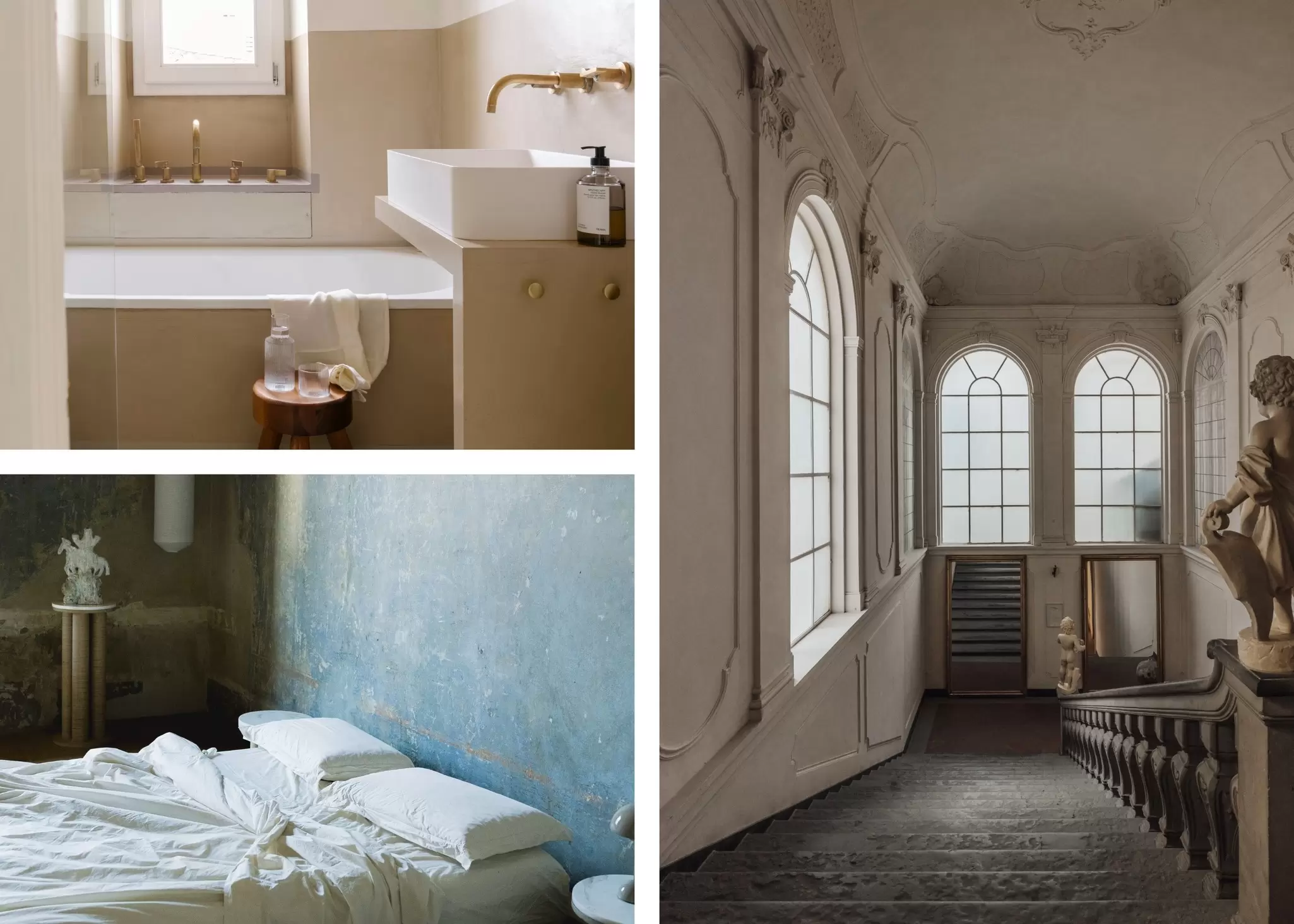Collage
Handout images from Numeroventi in Florence, Italy
To be used in "Where to stay in Florence"
Credit: Numeroventi

Top left: A luxe bathroom at Numeroventi. Right: A grand stairwell. Bottom left: One of Numeroventi's rustic-chic guest rooms. Numeroventi (3)