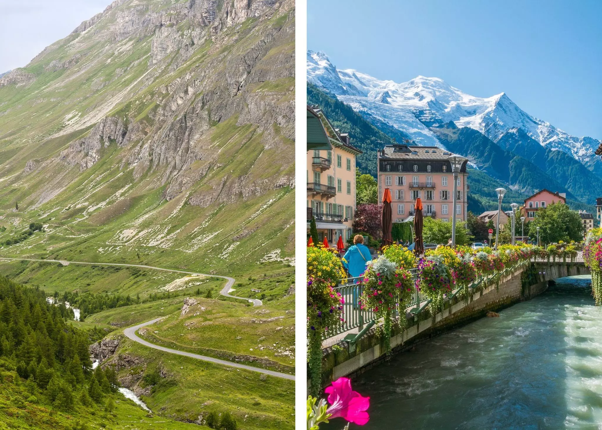 Best EV road trips in France diptych

Left: Col de l'Iseran mountain pass. Claudio Giovanni Colombo/Shutterstock. Right: Chamonix. JESUS_HIGUERAS_FOTO/Shutterstock