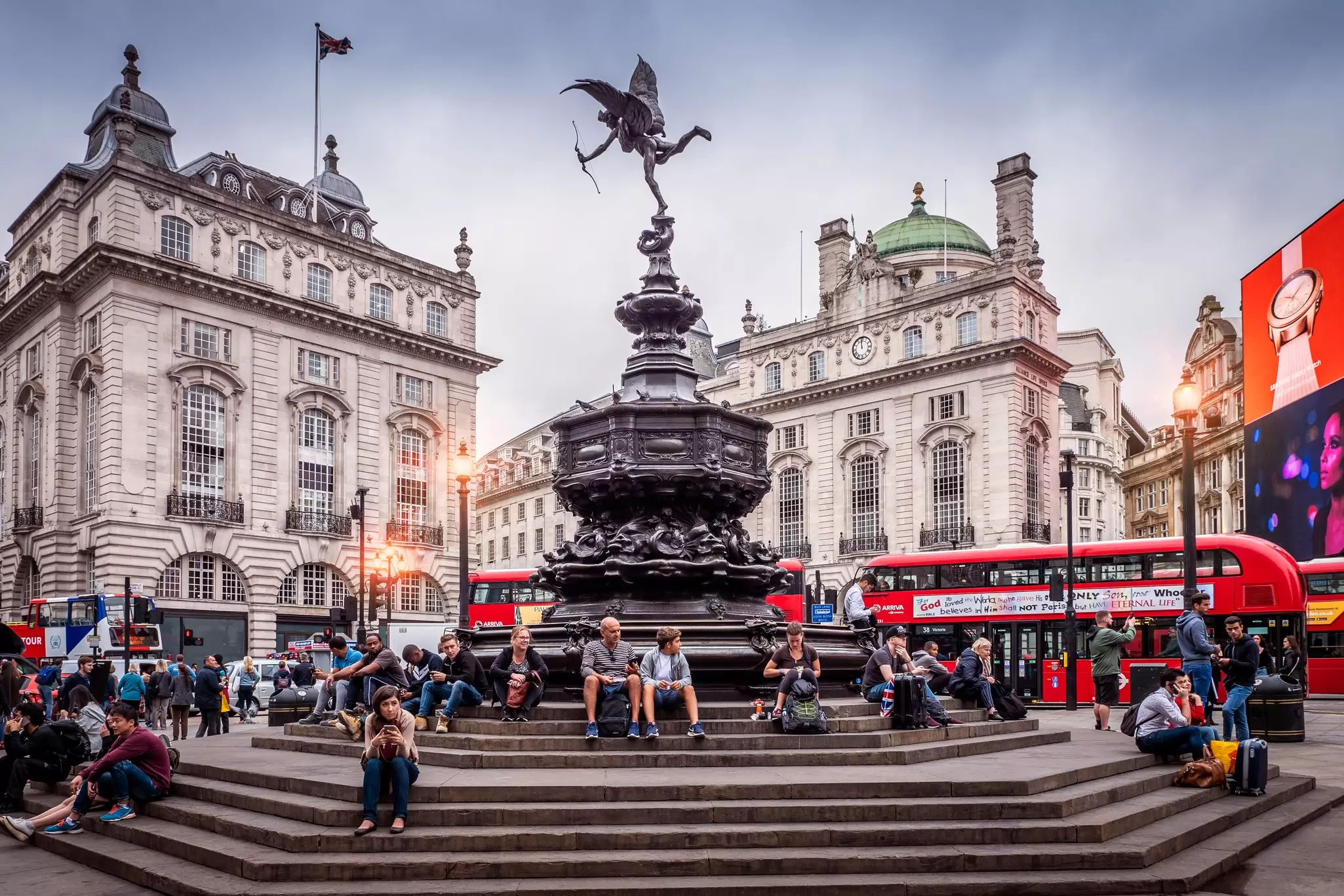 The Statue of Eros on Piccadilly Circus in London, UK.