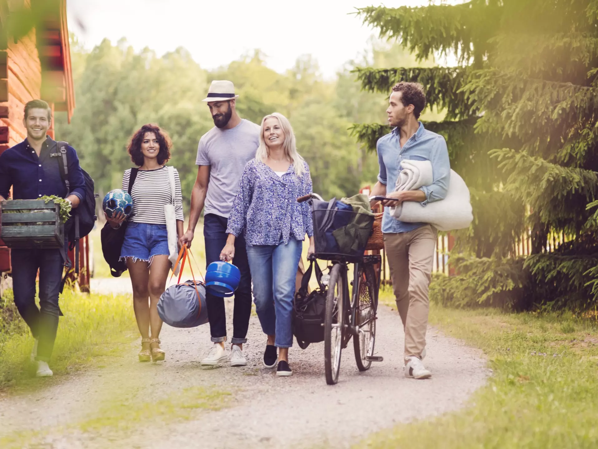 713778571
25-29 years, 30-34 years, Arrival, arriving, Casual clothing, luggage, mixed race person, ball, bicycle, day, Europe, Five people, photography, front view, leisure activity, color image, togetherness, grass, walking, weekend activities, full length, Horizontal, holding, caucasian ethnicity, Land Vehicle, smiling, lifestyle, happiness, mid adult, mid adult women, middle eastern ethnicity, Multi-Ethnic Group, travel, enjoyment, backpack, Social Gathering, vacations, side by side, Scandinavia, cottage, Sweden, mode of transport, transportation, tree, Crate, bonding, young men, Young adult, outdoors, friendship