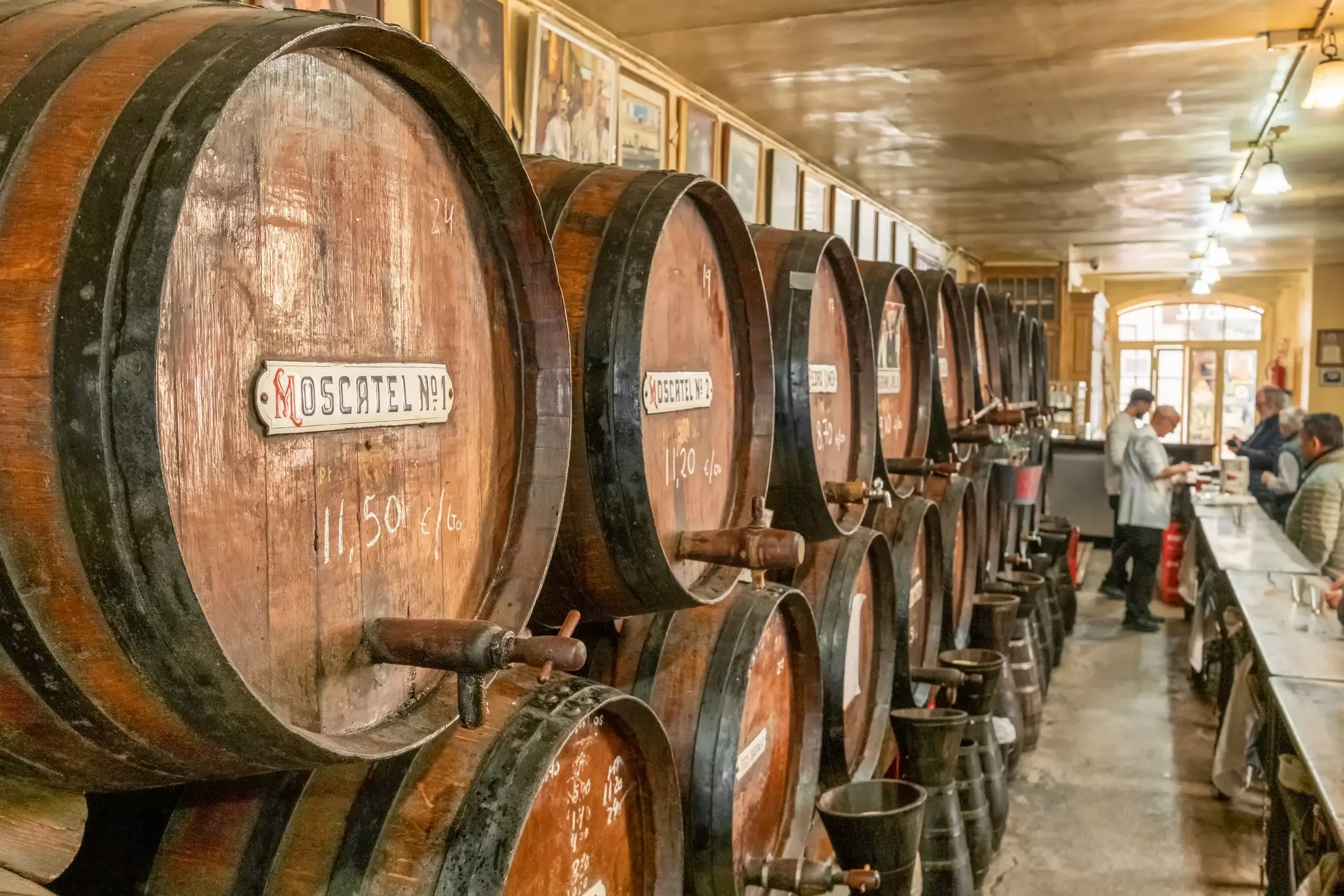 A traditional Spanish bar with barrels along the wall serving local wines and tapas.