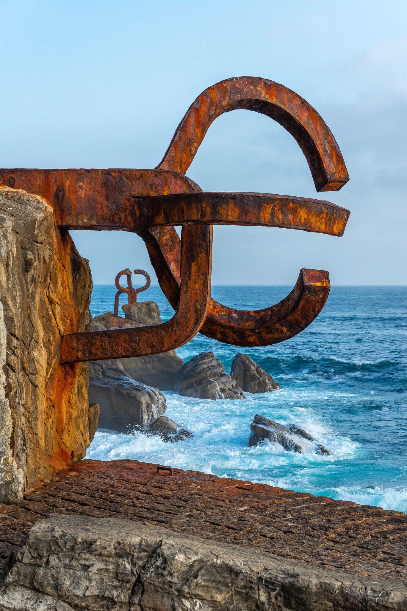View of the Peine del Viento (Wind Comb) sculpture by the sea in San Sebastián, Spain.