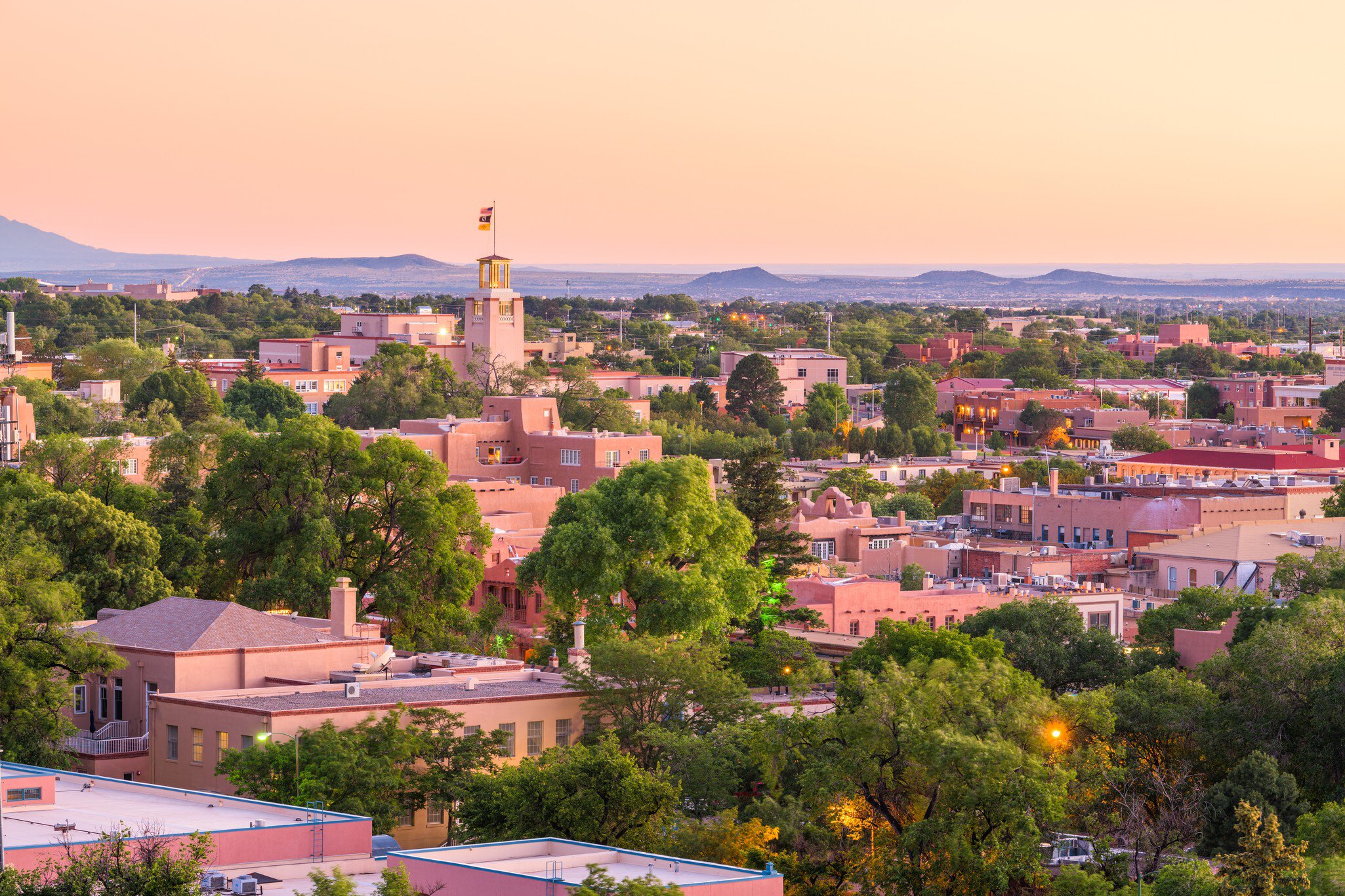 Santa Fe, New Mexico, USA downtown skyline at dusk.; Shutterstock ID 1754595077;
