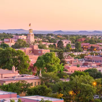 Santa Fe, New Mexico, USA downtown skyline at dusk.; Shutterstock ID 1754595077;