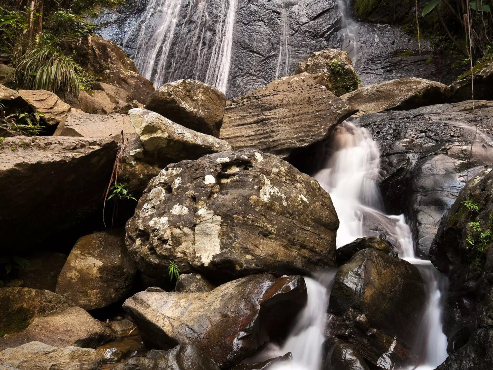 Water cascades off the rocks La Coca Falls in Puerto Rico.