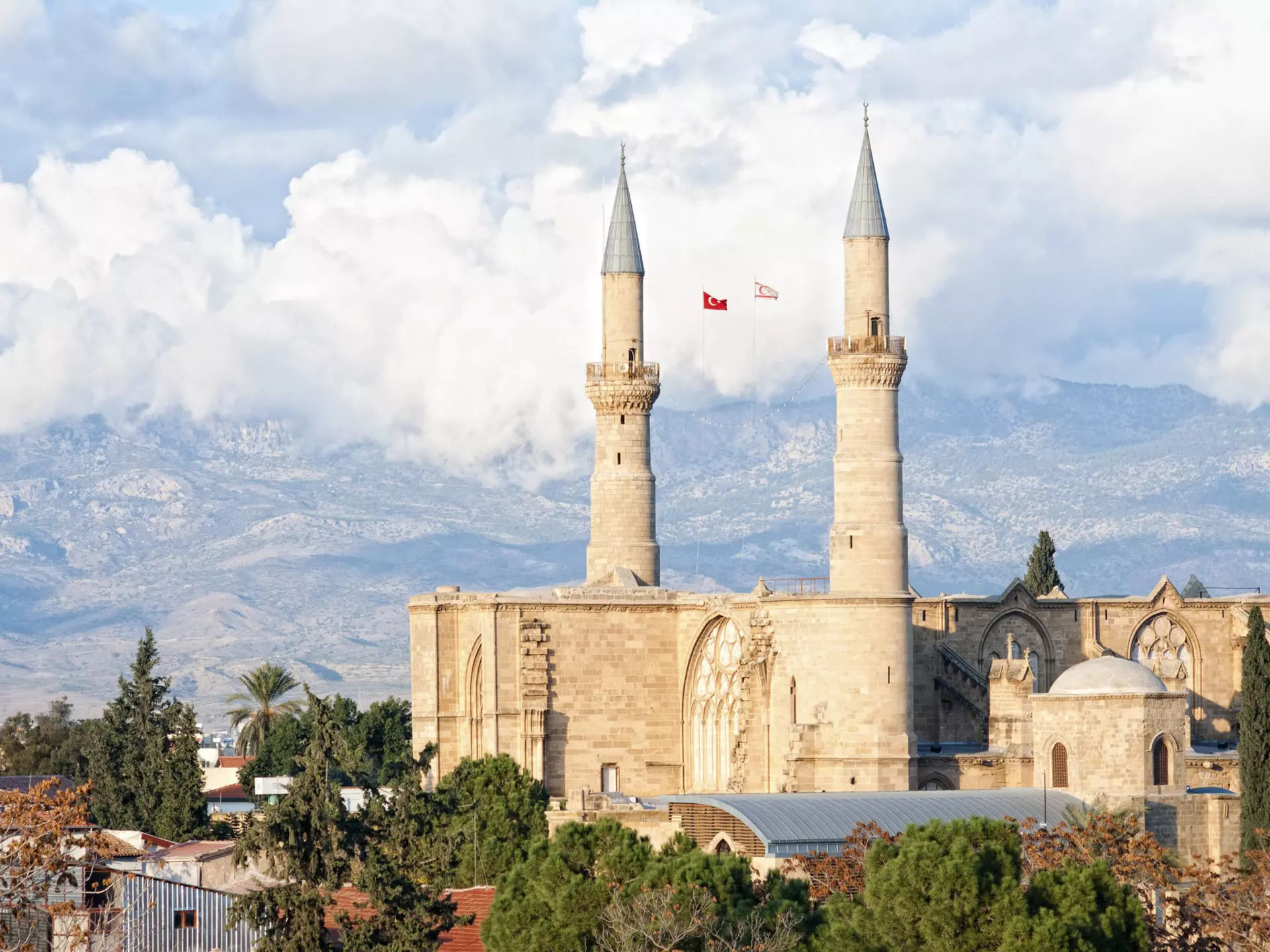 Two minarets on a historic mosque in Cyprus.