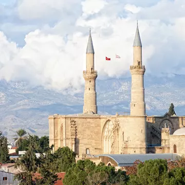 Two minarets on a historic mosque in Cyprus.