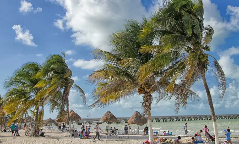 Coconut palms and thatched sunshades on the sandy beach at Progreso, Mexico, with the long pier stretching out to sea