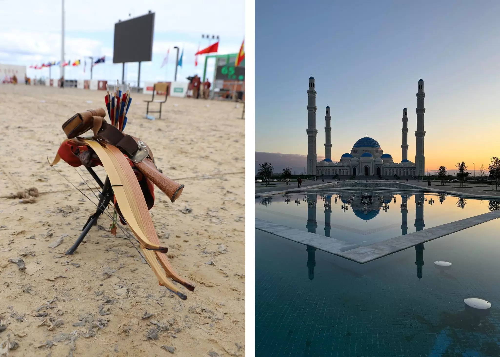 Left: Wooden bows and arrows resting on a sandy surface of a sporting arena; Right, a large mosque at sunset: Astana Grand Mosque. 