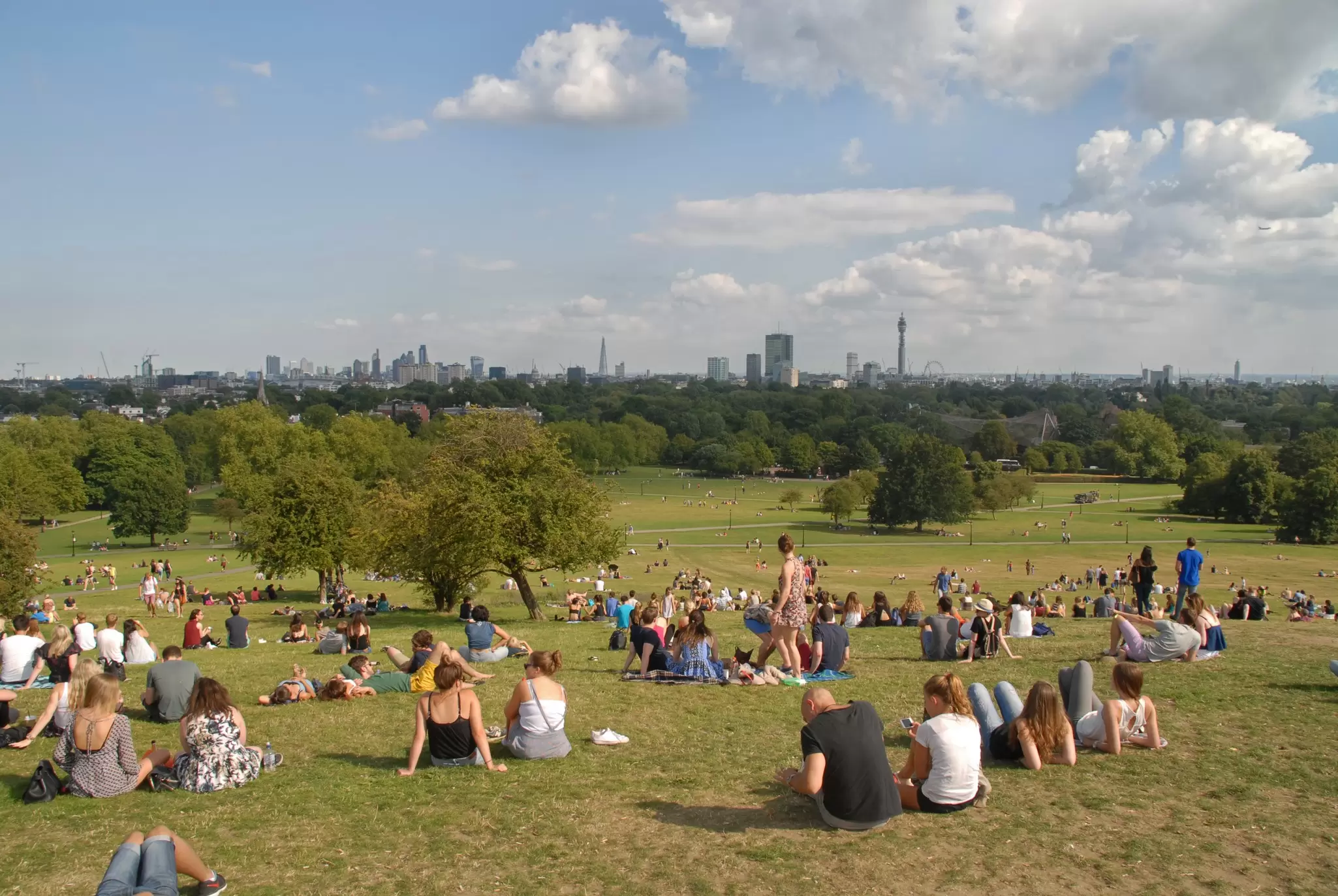 View of the skyline from Primrose Hill in summer in London, UK.
