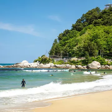 A surfer pushing his board into the sea at Jukdo Beach, South Korea