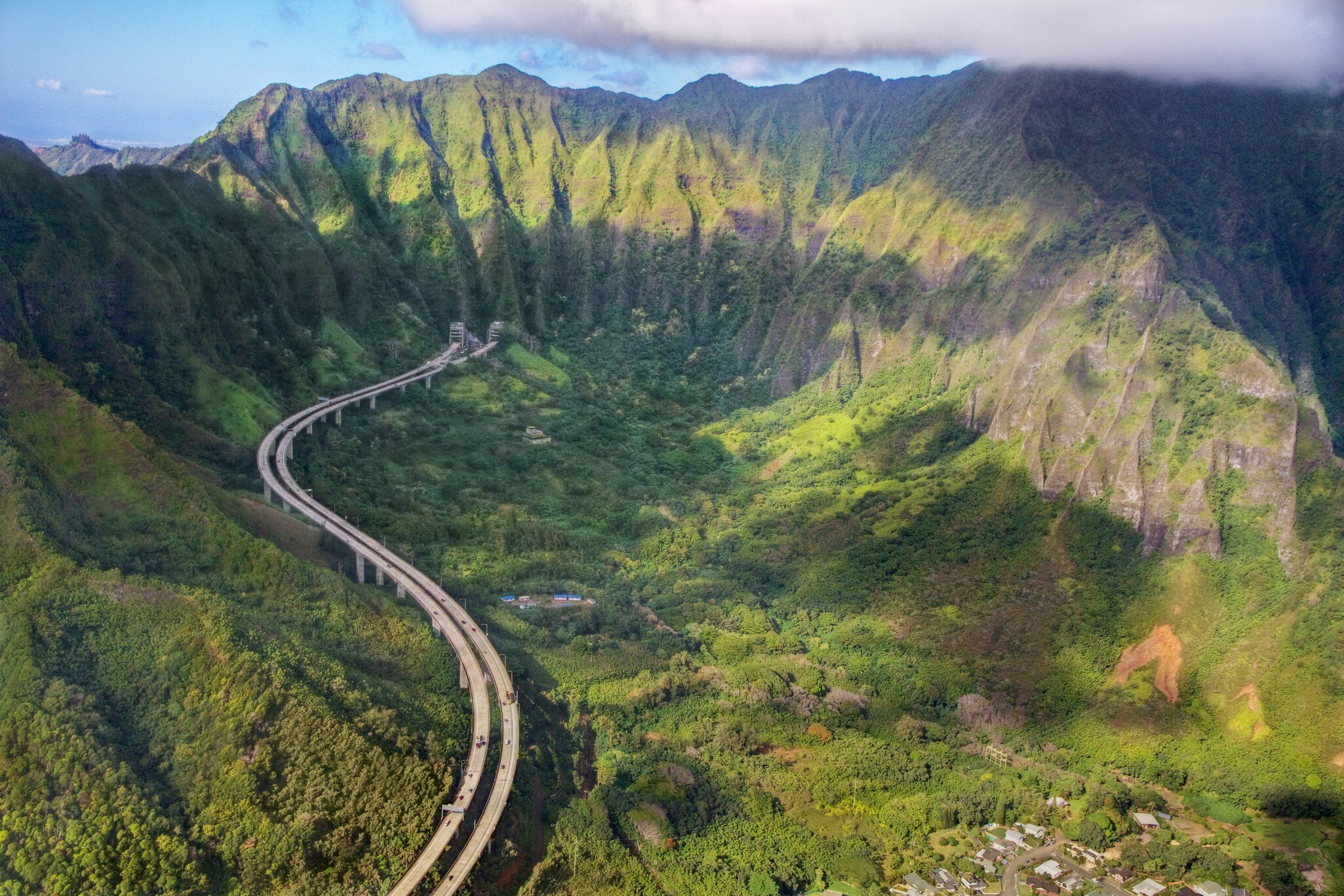 Aerial of the John A. Burns Freeway (H-3 Interstate highway) near Kaneohe.