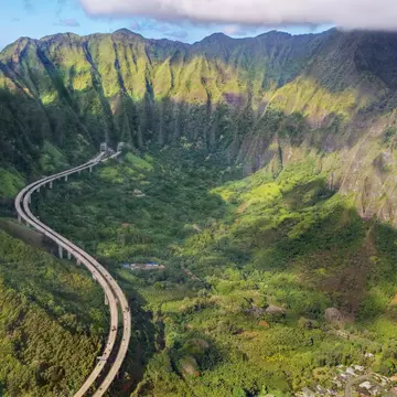 Aerial of the John A. Burns Freeway (H-3 Interstate highway) near Kaneohe.