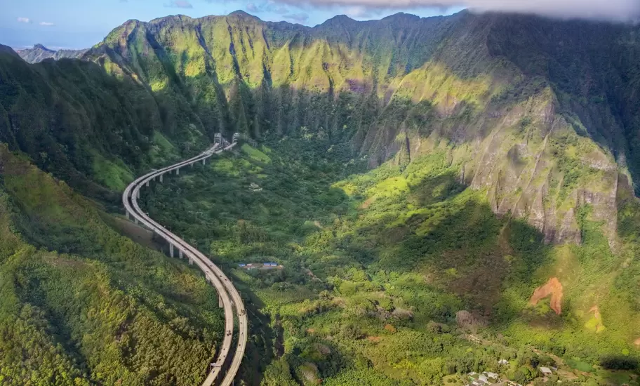 Aerial of the John A. Burns Freeway (H-3 Interstate highway) near Kaneohe.