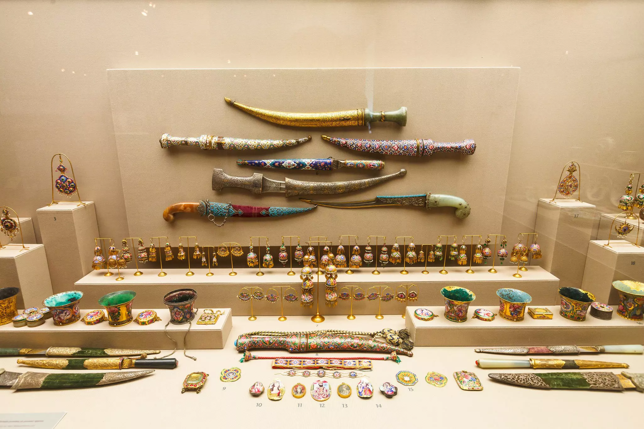 A broad display of jewellery and daggers,  Museum of Islamic Art, Athens