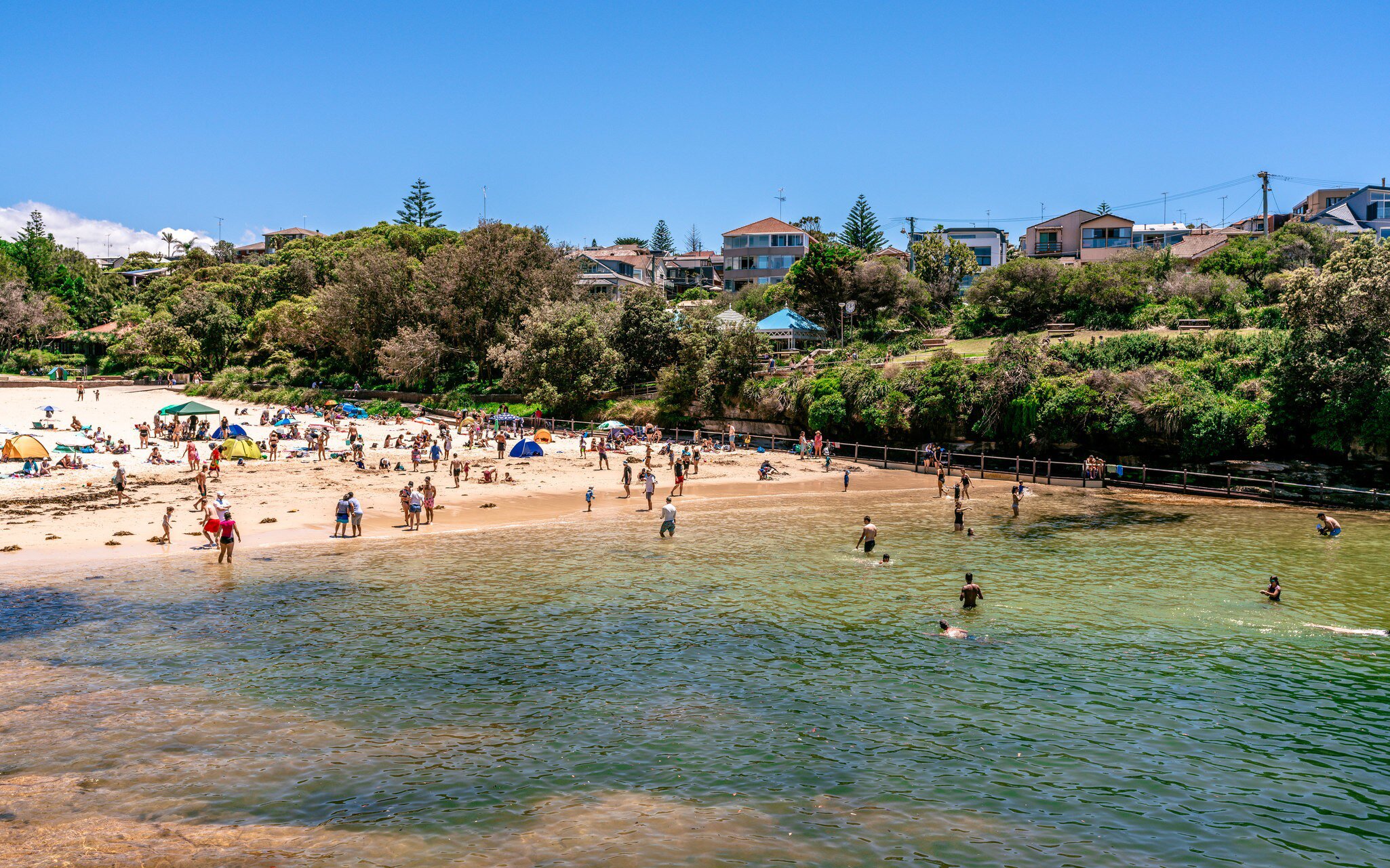 View of Clovelly beach full of people in Sydney, Australia.