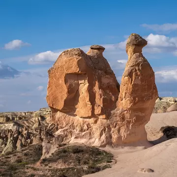 A tall pinkish rock shaped like a sitting camel stands above a field of pointed cones under a cloud-streaked blue sky