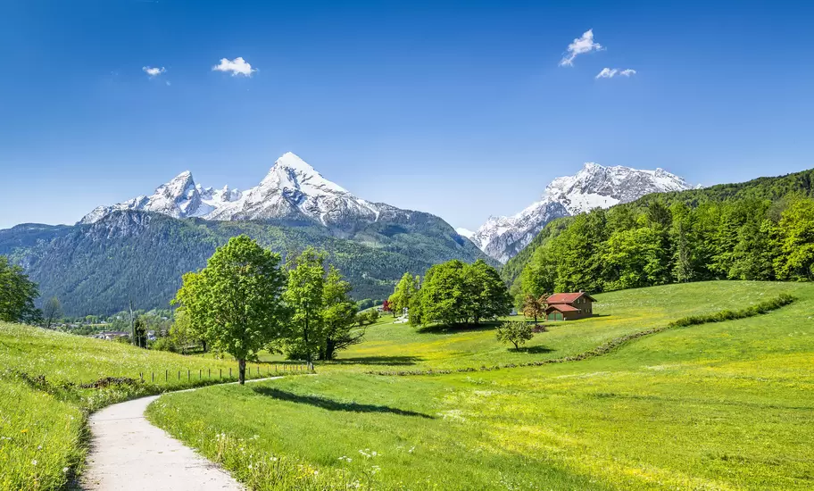 Snowcapped Watzmann peak above green flower meadows, a path and a red-roofed chalet near Berchtesgaden, Bavarian Alps