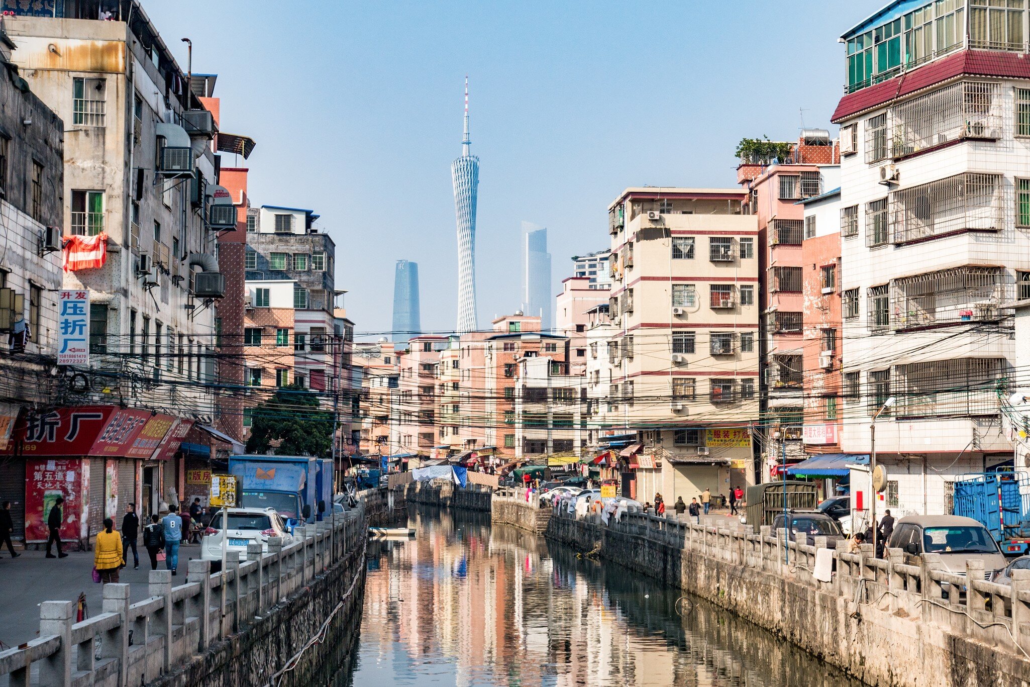 View of buildings by a canal in Dai Tang village, Guangzhou, China.