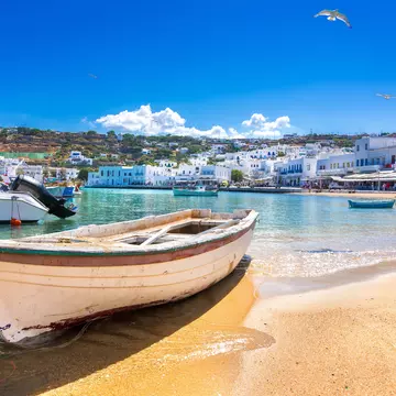 Mykonos port with boats, Cyclades islands, Greece