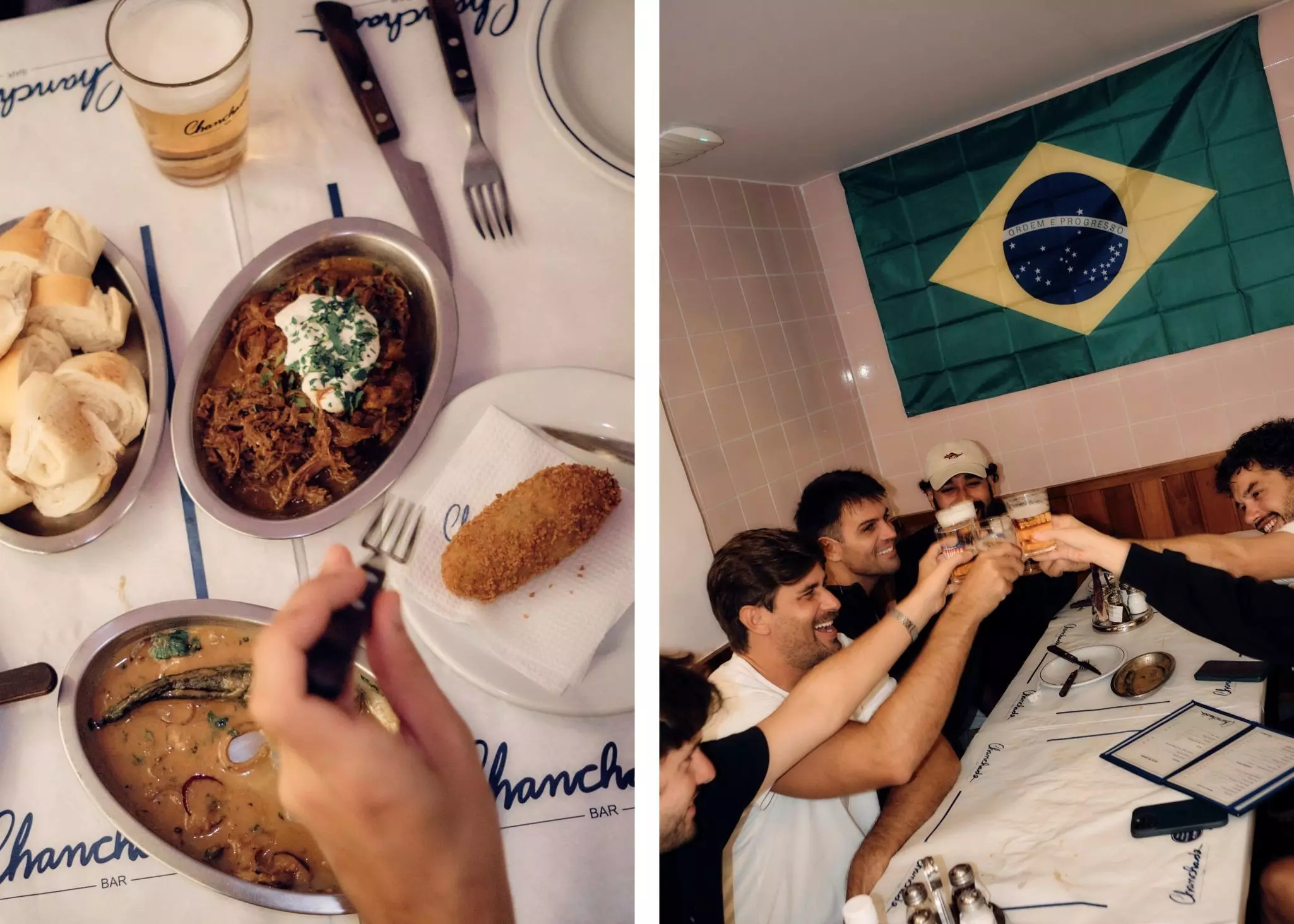 Left, tabletop view of okra, beef and a croquette as a hand reaches in; right, a group of men clink glasses of beer while sitting at a table.