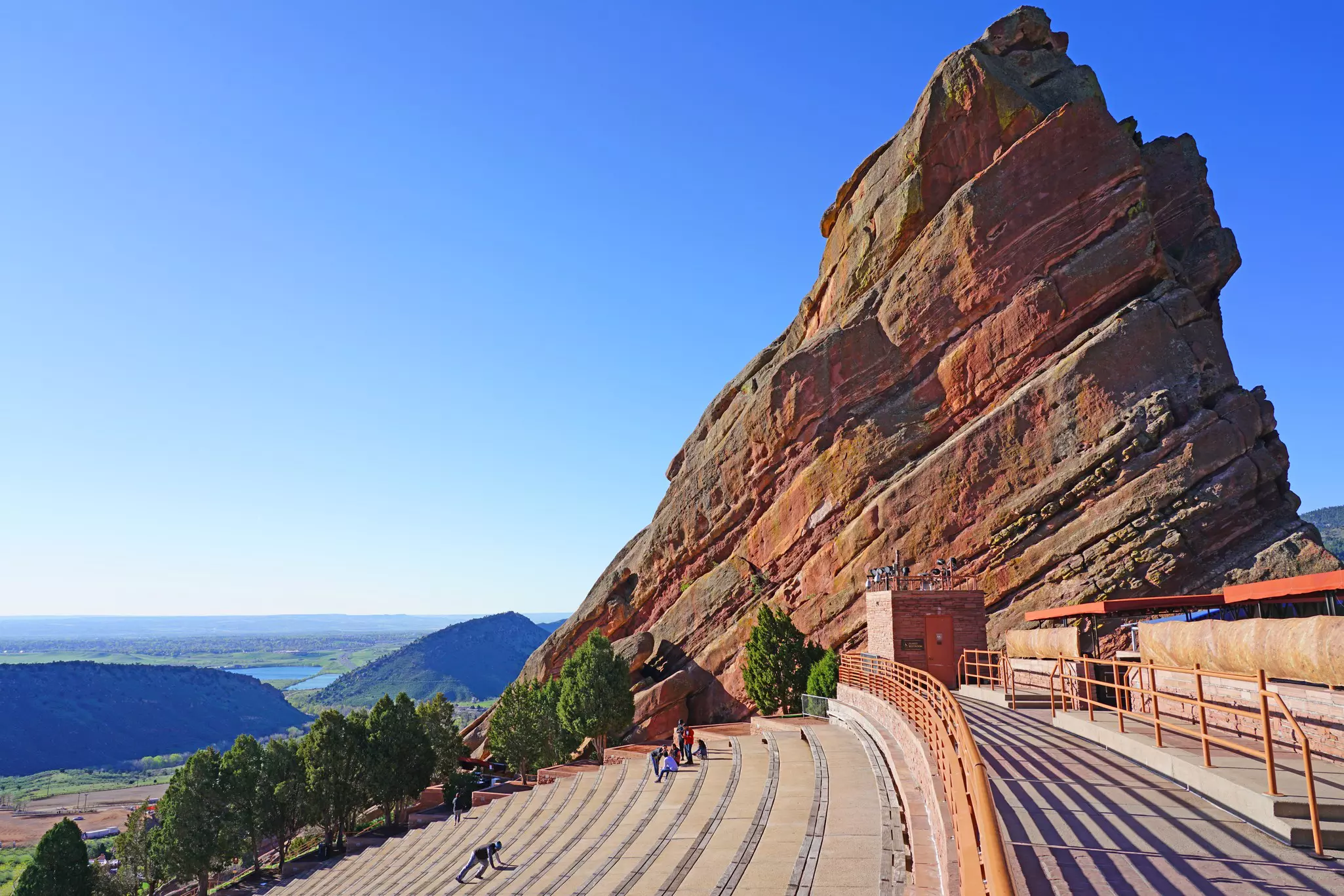 View of the Red Rocks Amphitheatre, an open-air amphitheater carved into the red rock located near Denver, Colorado.