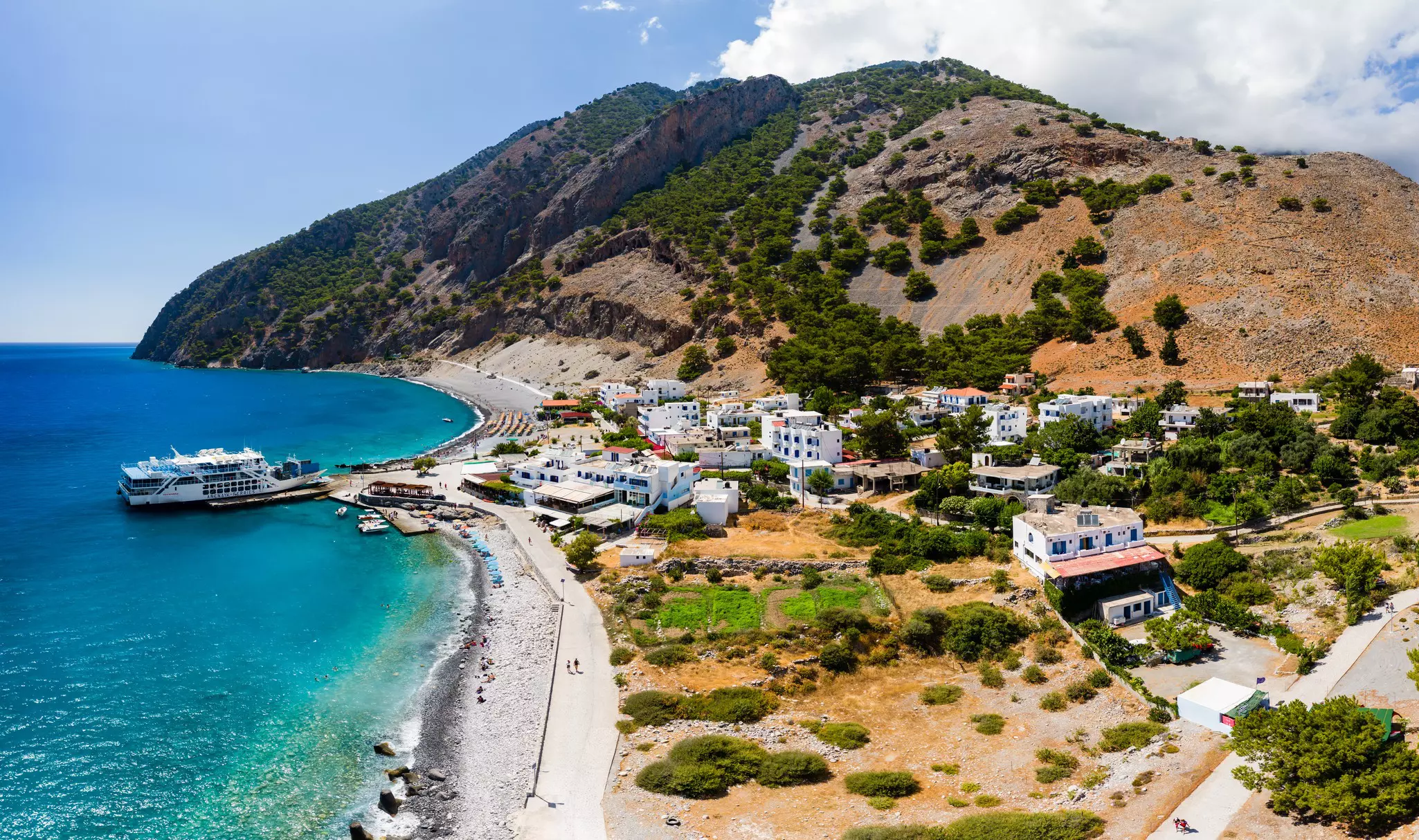 Aerial view of the village of Agia Roumeli at the exit of the Samaria Gorge, Crete