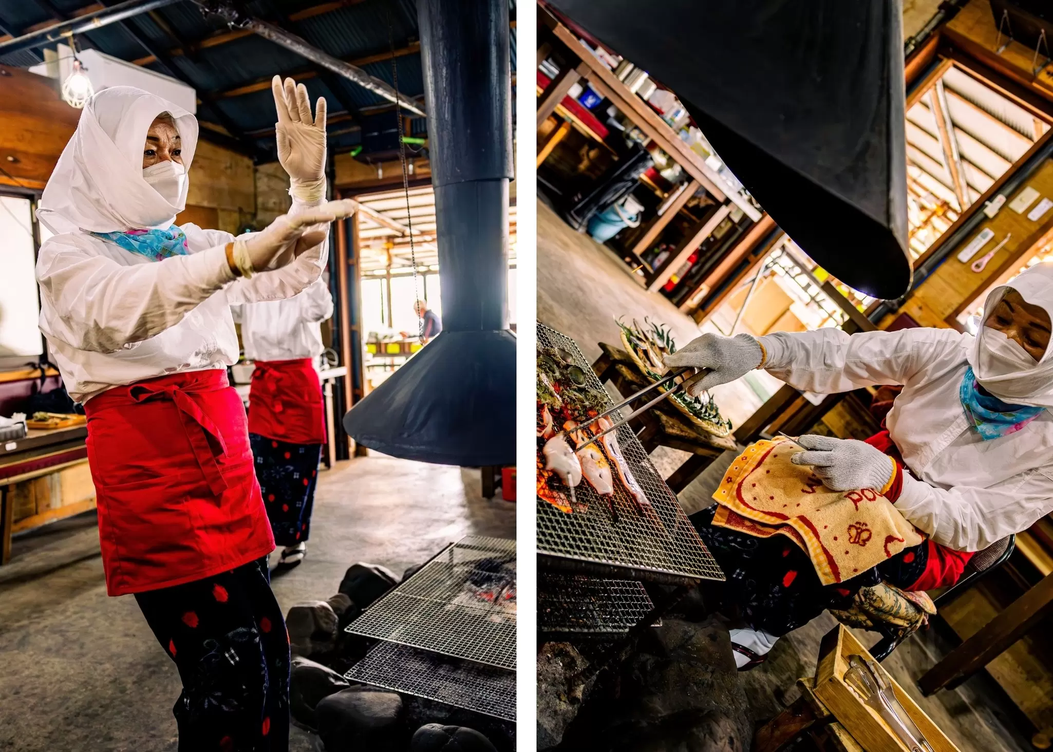 Left: A diver uses hand gestures to explain the cooking process inside a hut. Right: A diver uses tongs to move seafood around on a charcoal grill.
