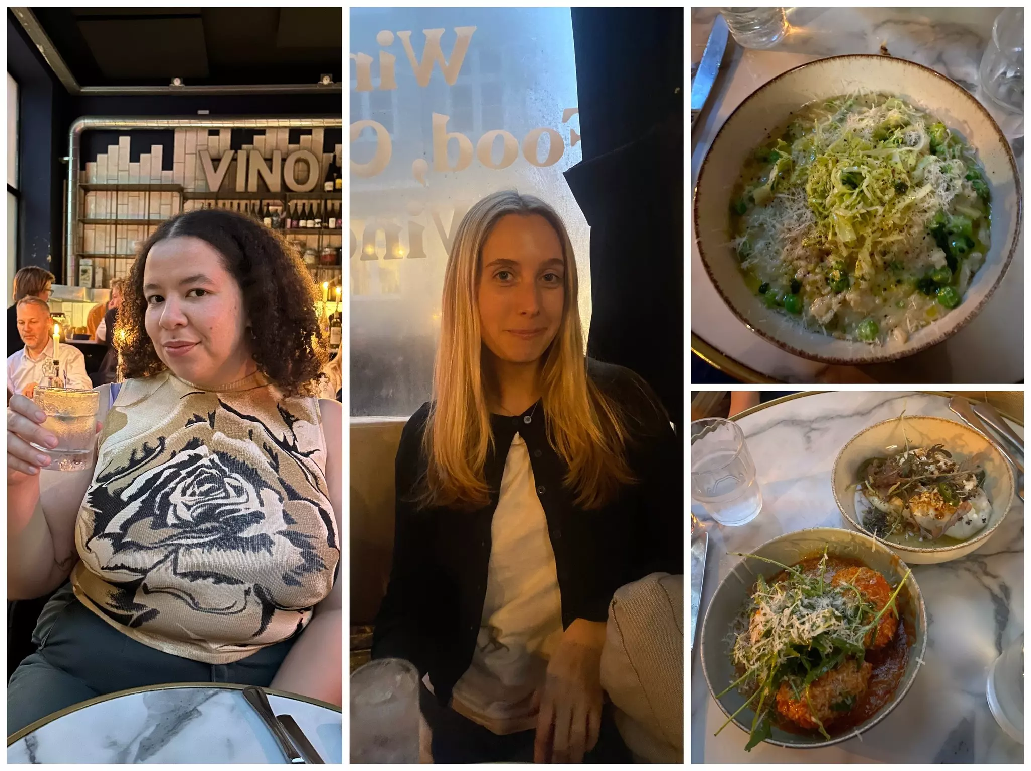 Dinner at Lilo Vinoria - Left: Chamidae and her dry martini. Center: Ann Douglas poses with her drink. Top right: the life-changing pea and asparagus risotto. Bottom right: the burrata, and pork and veal rosemary poplettes © Chamidae Ford 