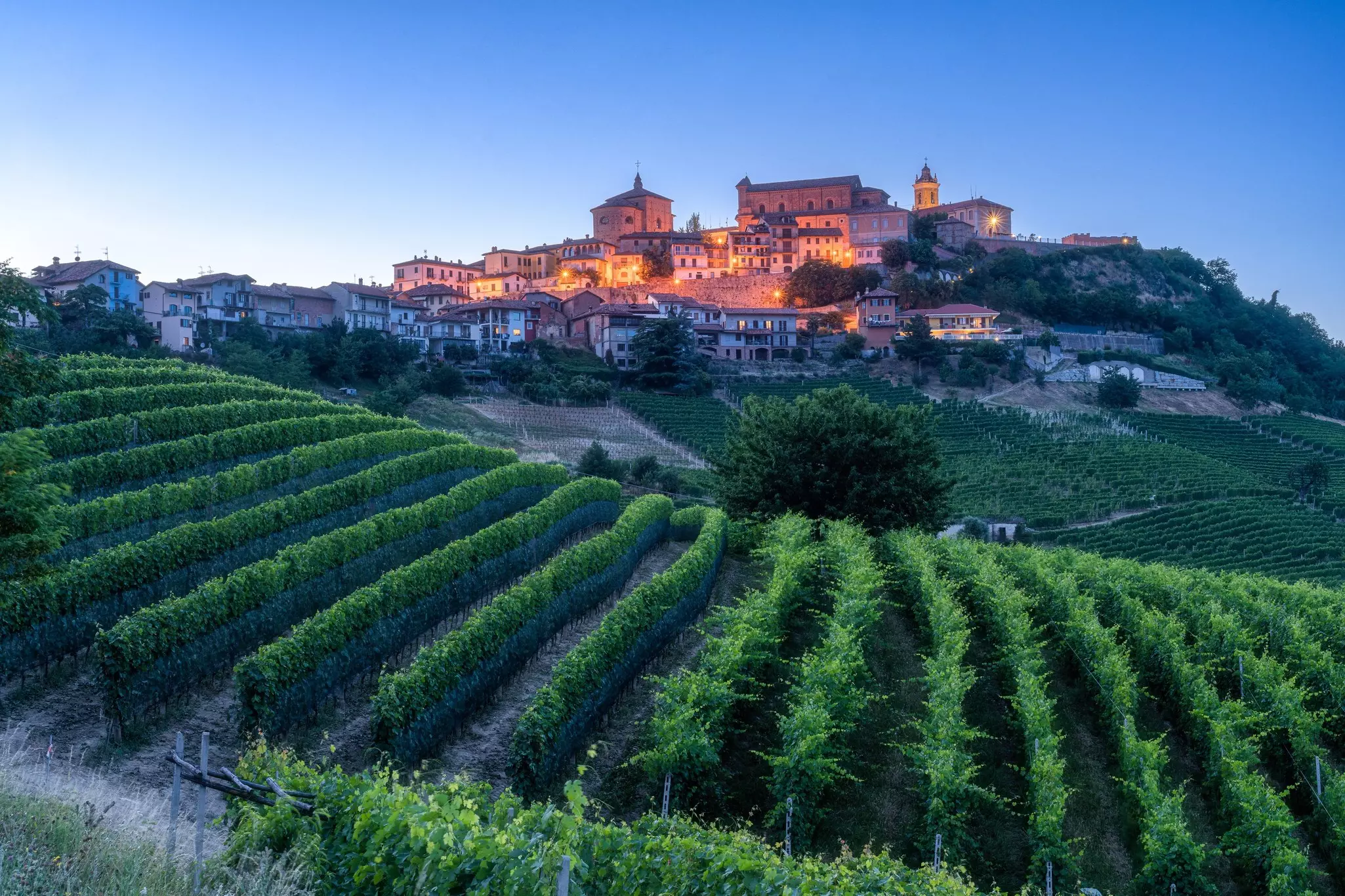 A hilltop village surrounded by vineyards glows in the evening light.