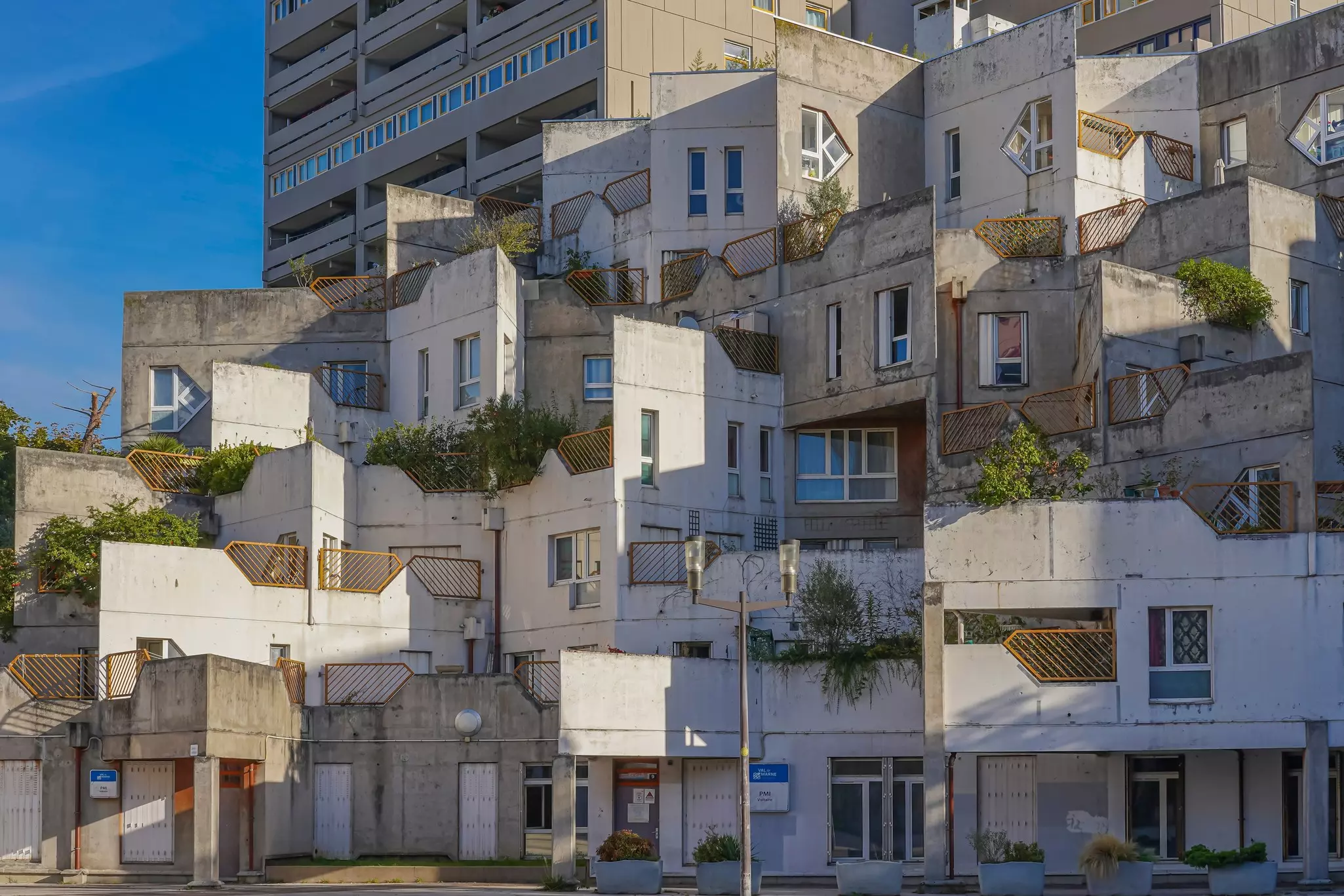 Angular concrete buildings.
