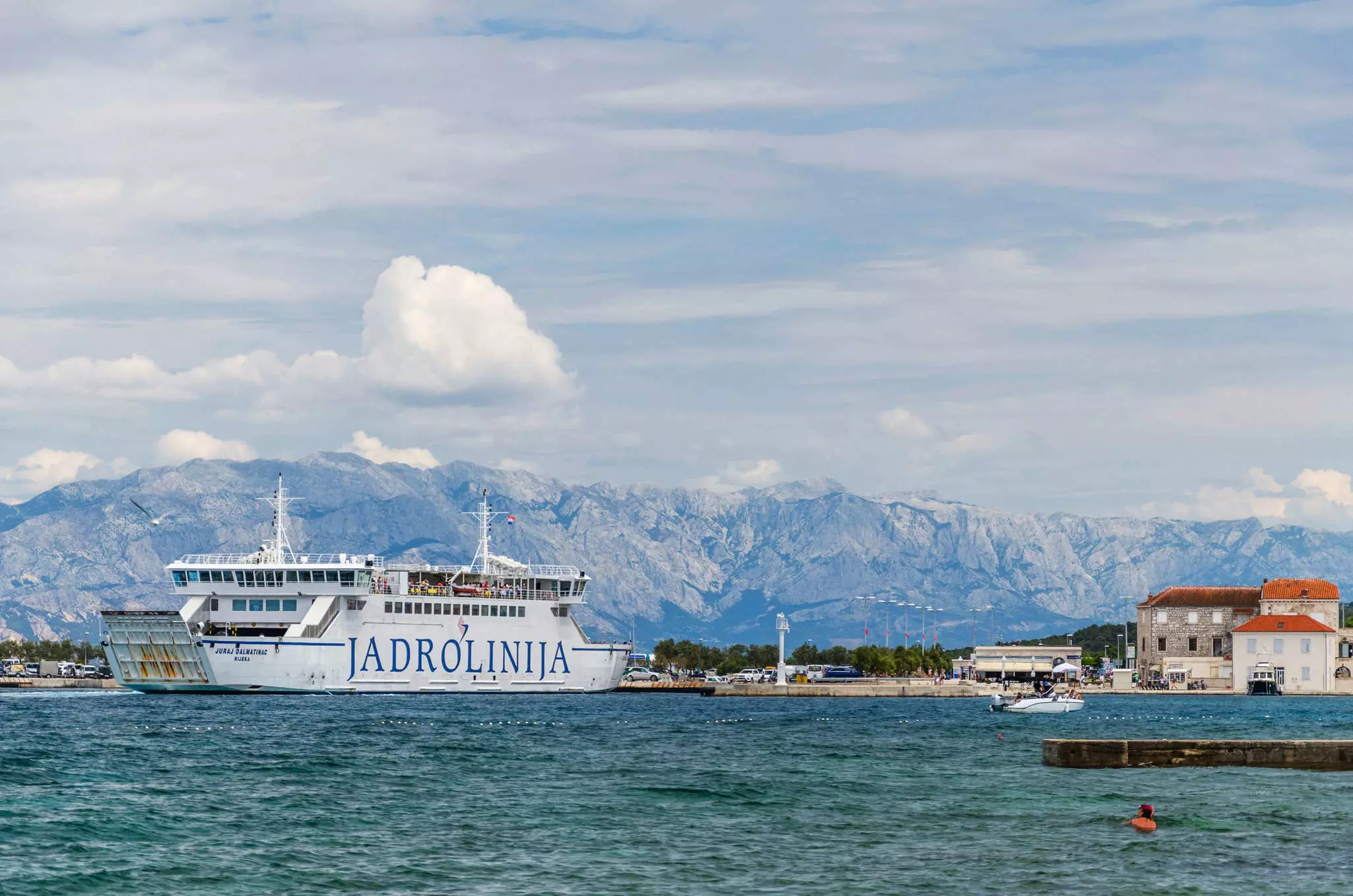 Picturesque view of Jadrolinija ferry on the way to Supetar. Jadrolinija
