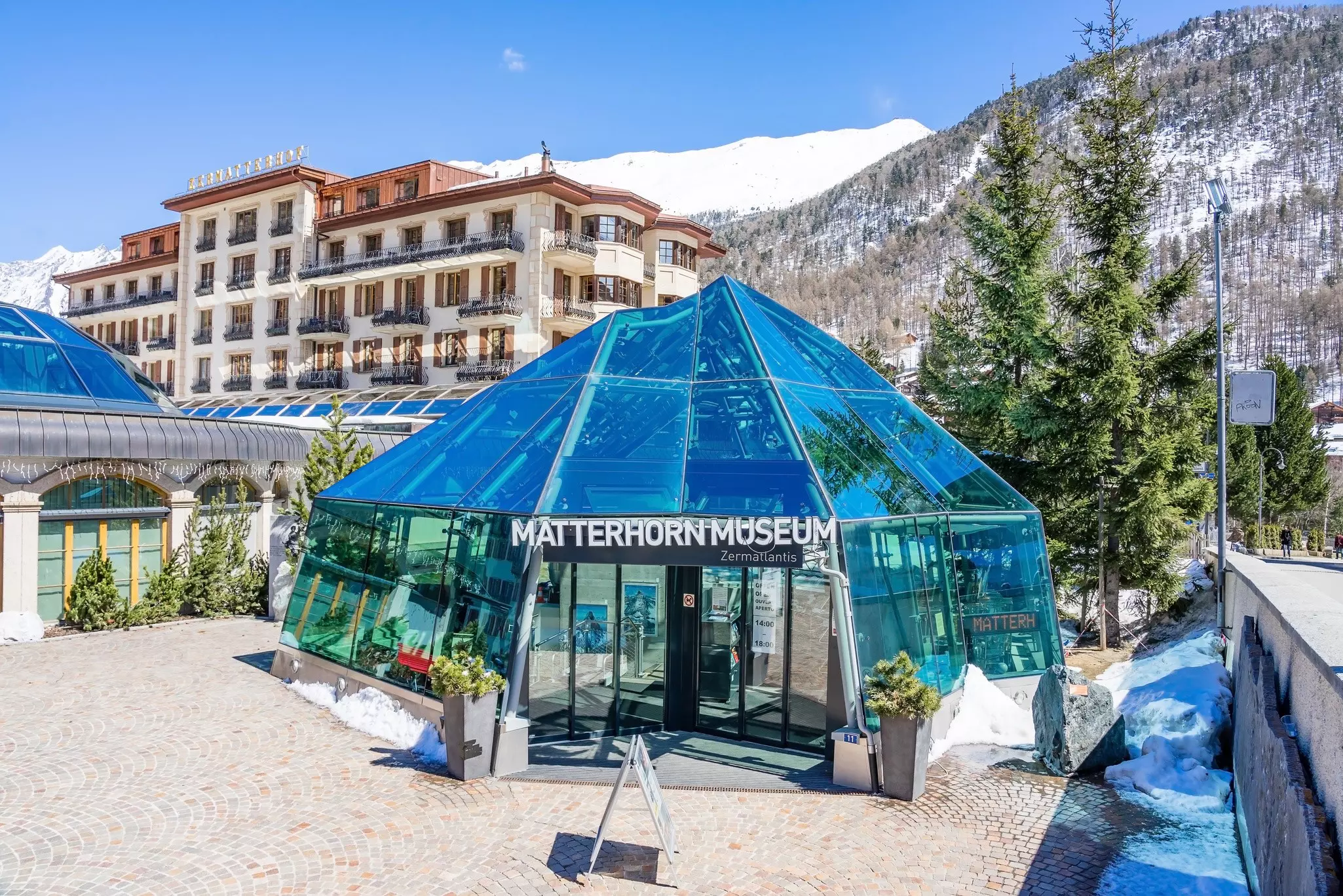 Exterior of the Matterhorn museum entrance in Zermatt, Switzerland.