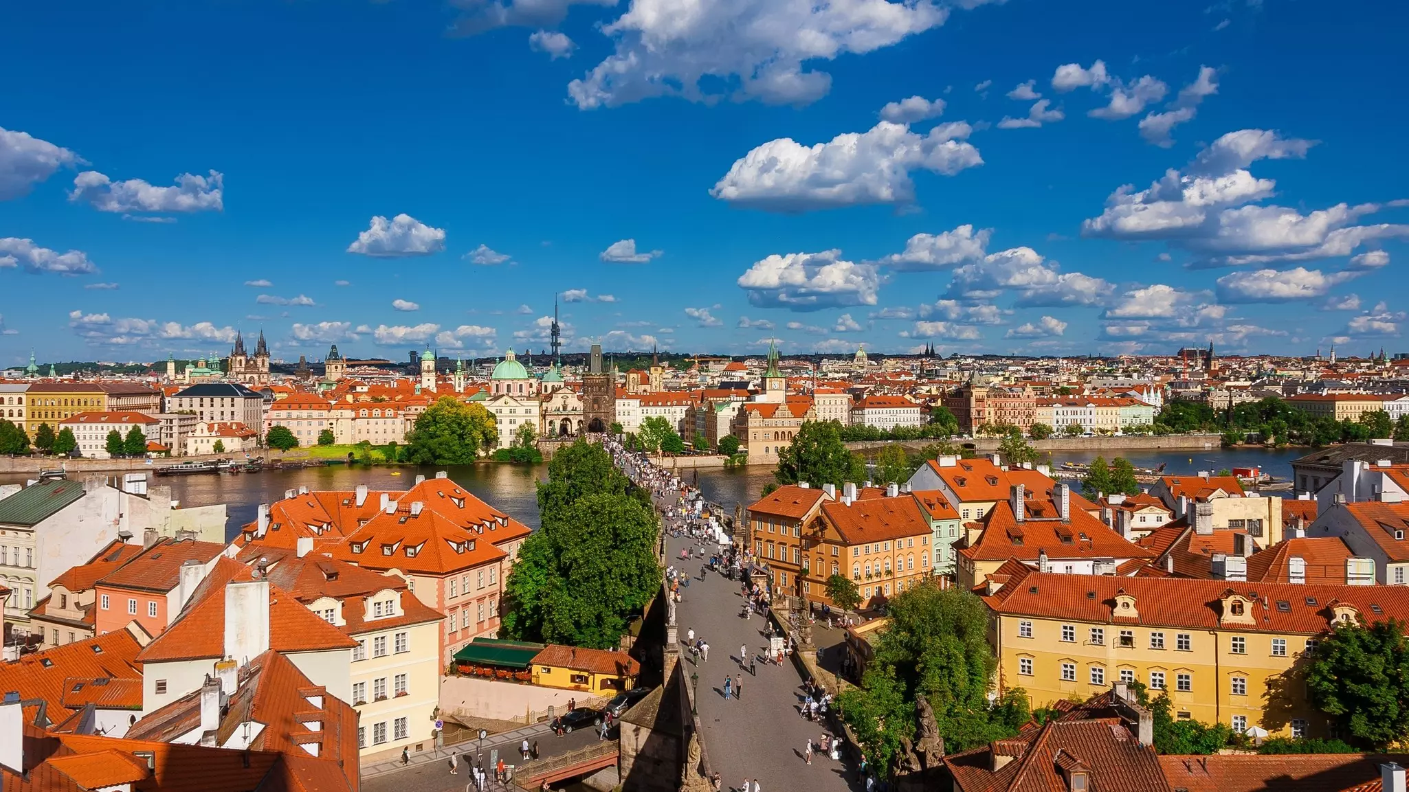 Prague historical center with the Charles Bridge and River Vltava