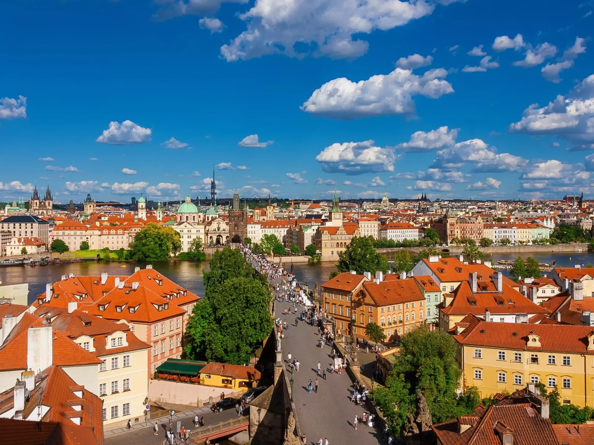 Prague historical center with the Charles Bridge and River Vltava