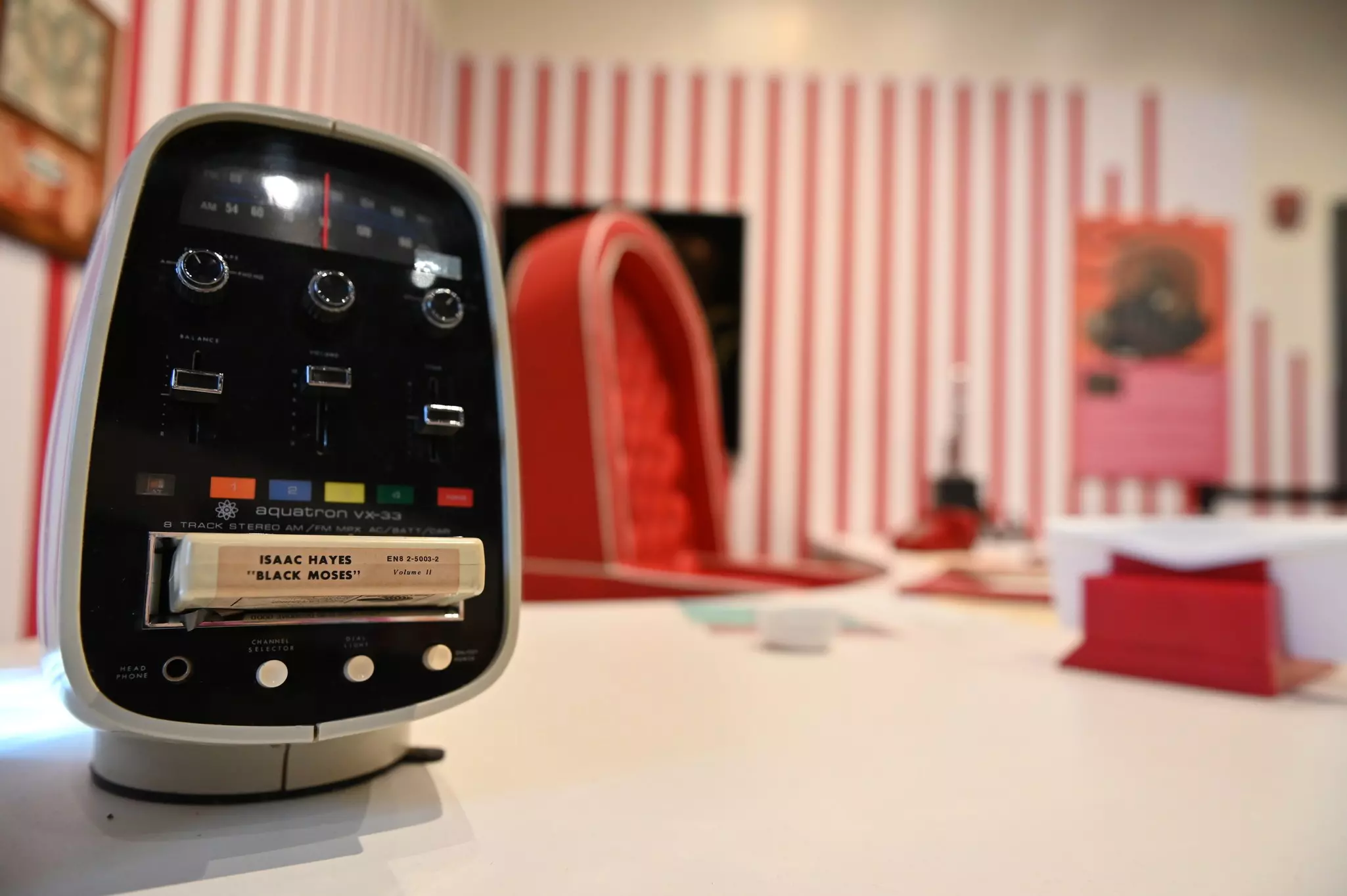 Closeup of old school cassette tape with an Issac Hayes tape inside.